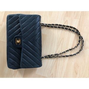 Vintage CHANEL Flap Bag Quilted Lambskin Gold Blue